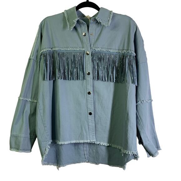 CLOUD TEN Fringe Denim Tassel Studded Rhinestone Button Down Shacket Size L -NWT - Picture 1 of 13